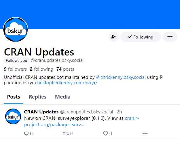 The Bluesky profile for the CRAN Updates bot.